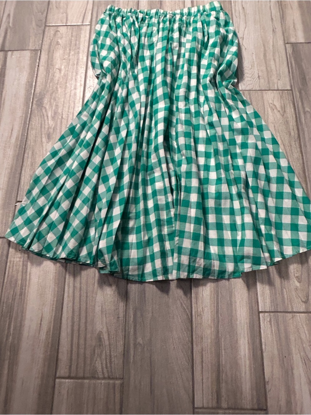 Green White Gingham Women’s Large Skirt Elastic Waist Pleated Boho Prairie Flowy - Picture 4 of 6